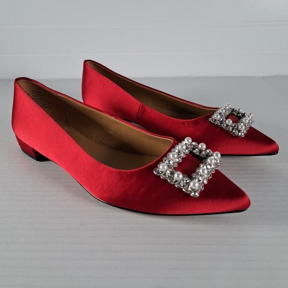 J Crew Embellished Flats Womens 6 Red Satin Pointed Toe Slip On Holiday Classic - Picture 6 of 12